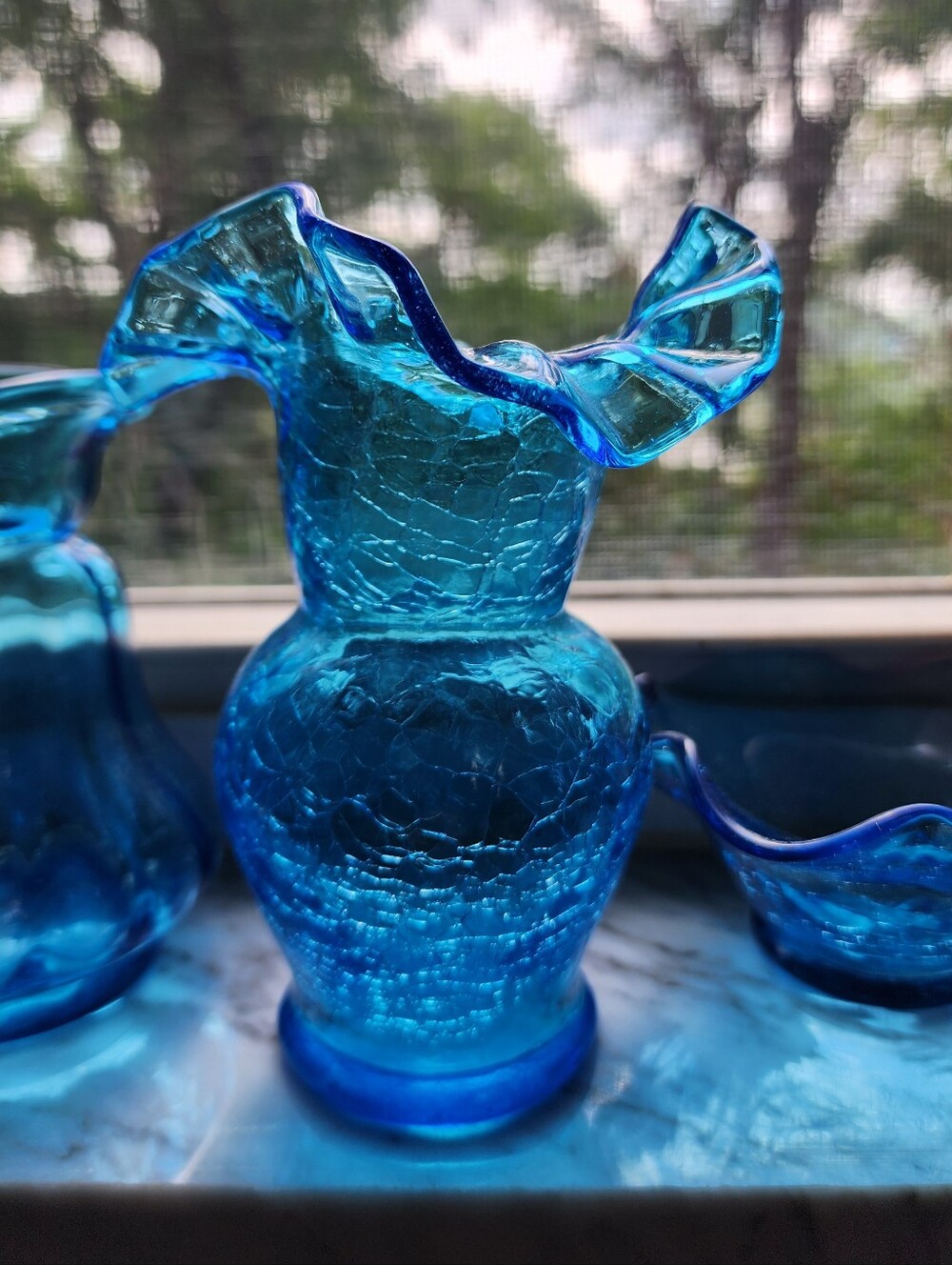 Bright Blue Crackle Glass Vase with Ruffled Rim